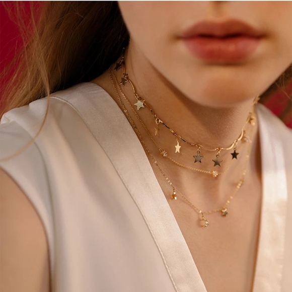 'Luminary' Gold Stars Dangle Choker Necklace - Picture 3 of 8